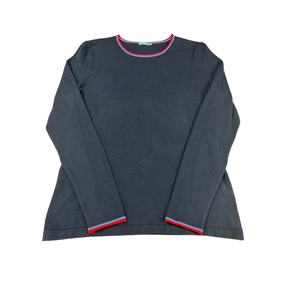 J.McLaughlin Navy Blue Cotton Modal Knit Top Red Blue Trim Small Quiet Luxury
